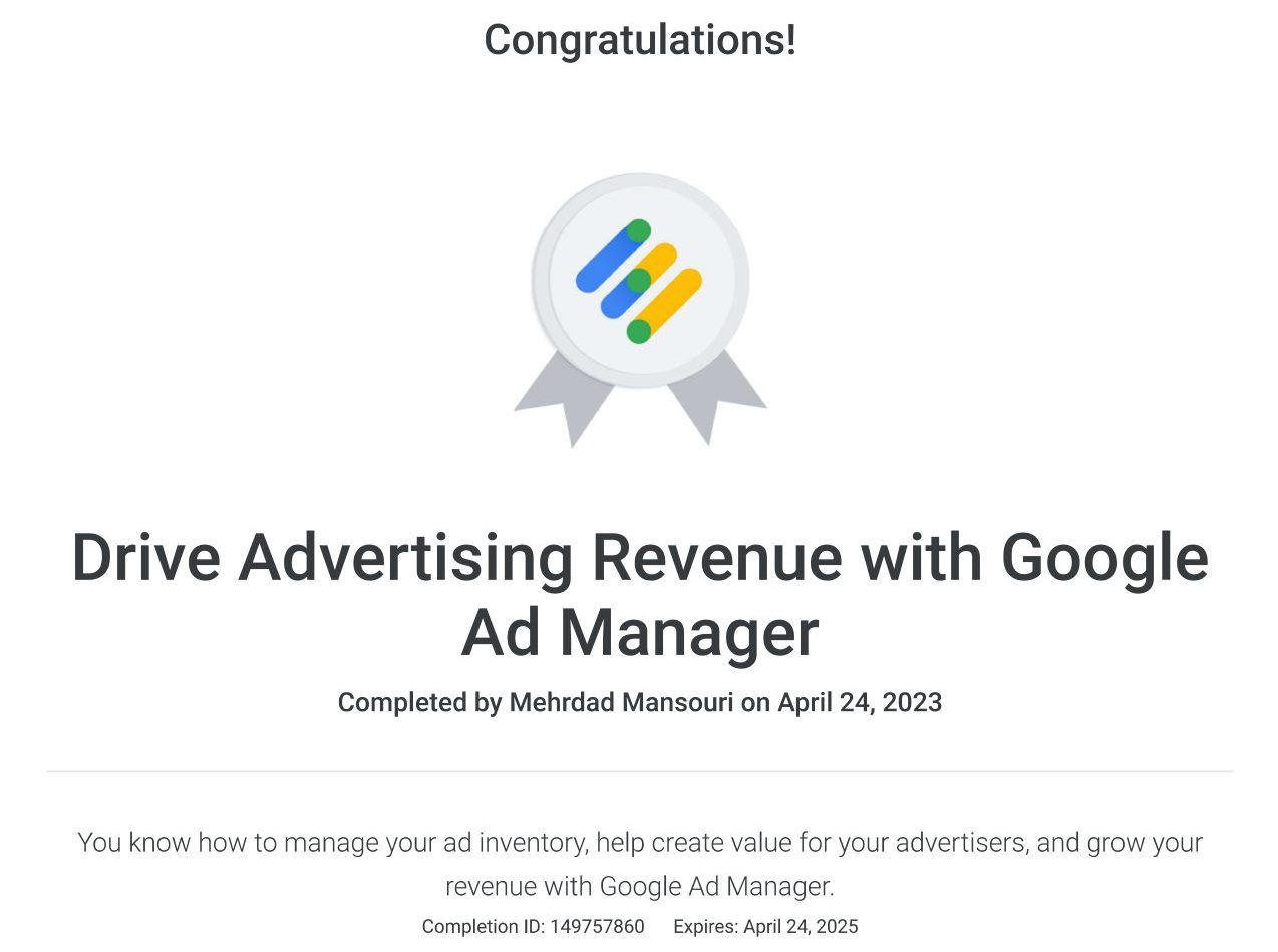 مدرک دوره گوگل ادورز از گوگل ، مهندس مهرداد منصوری