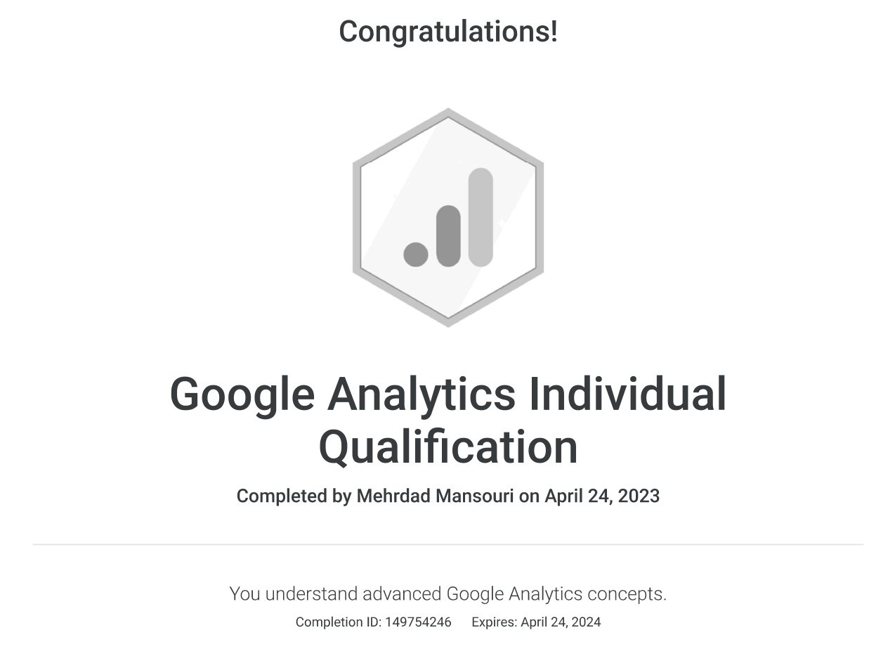 مدرک دوره گوگل آنالیتیکس از گوگل ، مهندس مهرداد منصوری