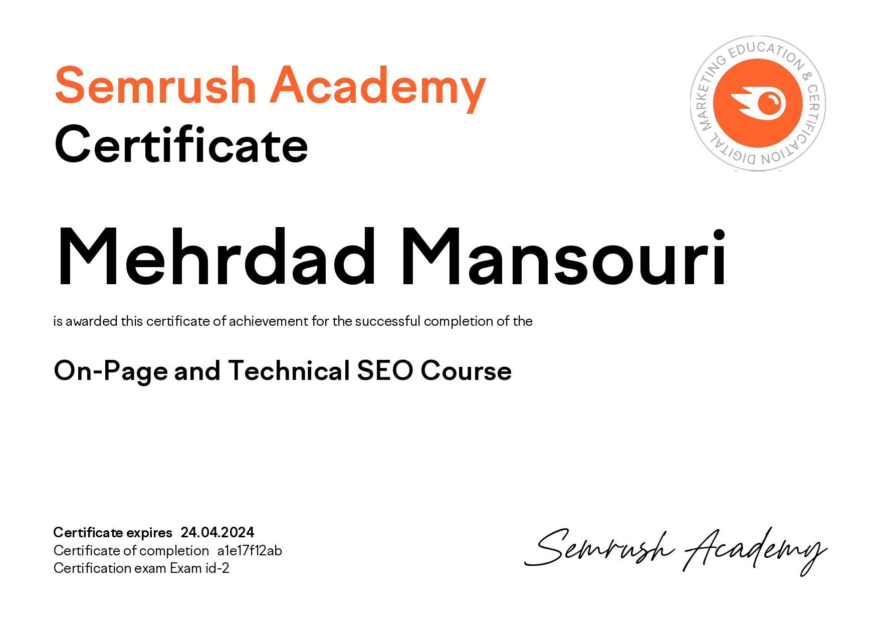 مدرک سئو تکنیکال از SEMrush ، مهندس مهرداد منصوری