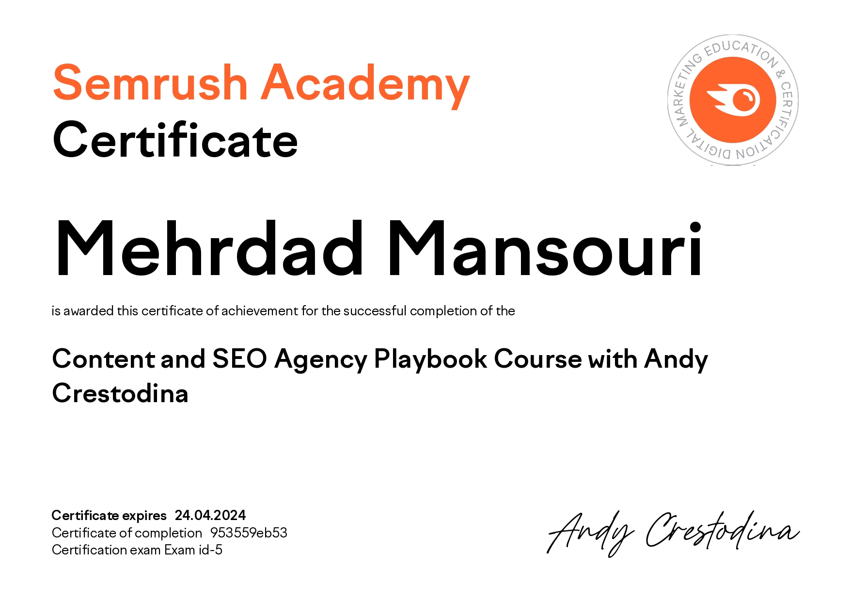 مدرک سئو از SEMrush ، مهندس مهرداد منصوری