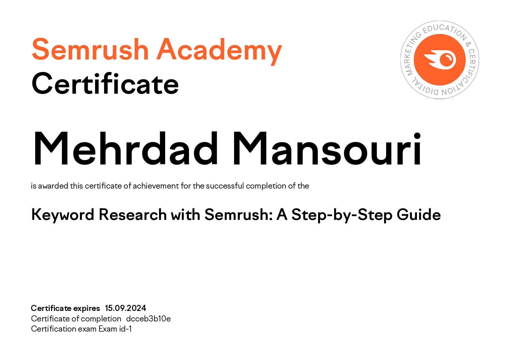 مدرک مهرداد منصوری از شرکت SEMruch